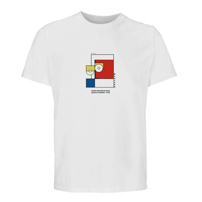 Unisex white T-shirt with centered Piet Mondrian graphic, crew neck, short sleeves