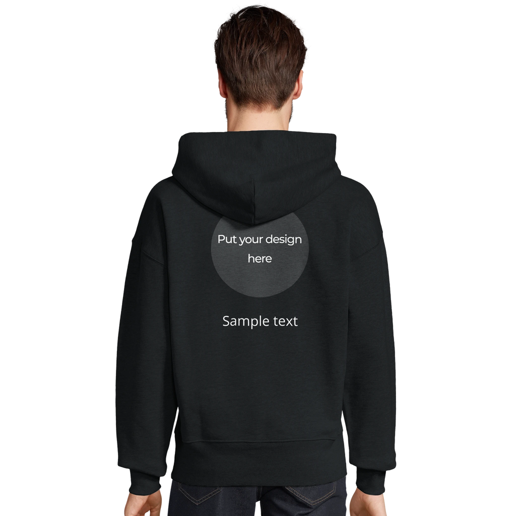 Black oversized pullover hoodie, back view with hood and central print placeholder