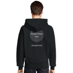 Black oversized pullover hoodie, back view with hood and central print placeholder