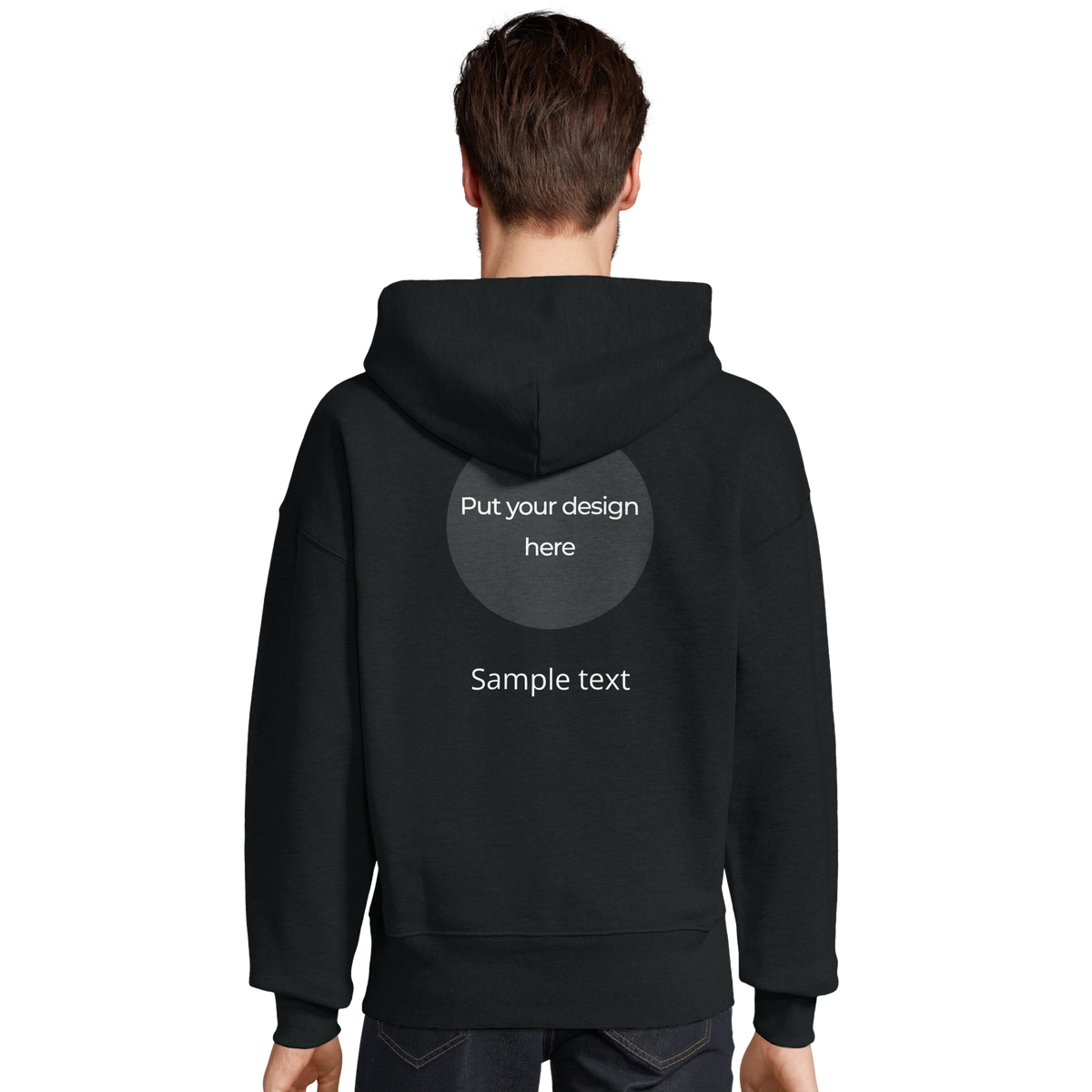Black oversized pullover hoodie, back view with hood and central print placeholder