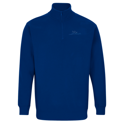 Royal blue unisex quarter-zip sweatshirt with stand collar and small chest logo.