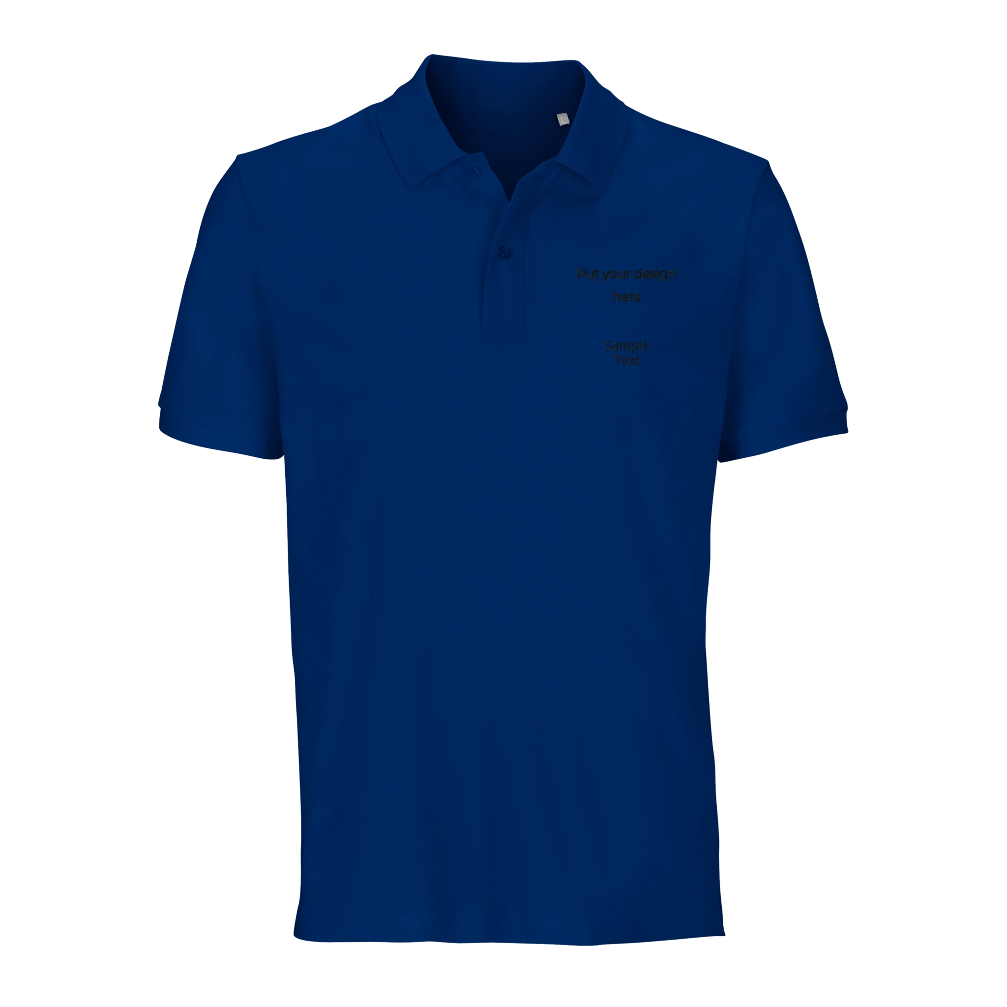 Blue unisex organic polo shirt with collar, button placket, and custom design text