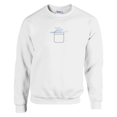 White crewneck sweatshirt with small pocket/box graphic on chest