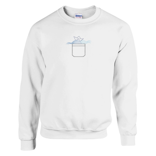 White crewneck sweatshirt with small pocket/box graphic on chest