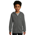 Kids grey melange zip-up hoodie with hood, front pockets, and peace tree graphic on chest