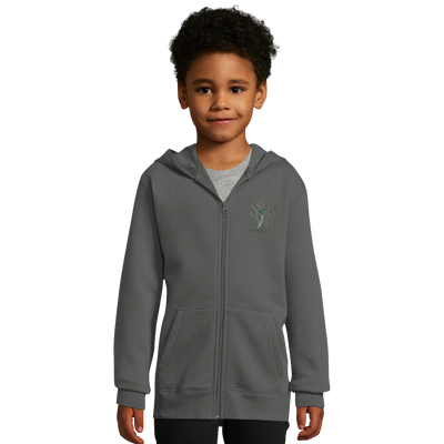 Kids grey melange zip-up hoodie with hood, front pockets, and peace tree graphic on chest