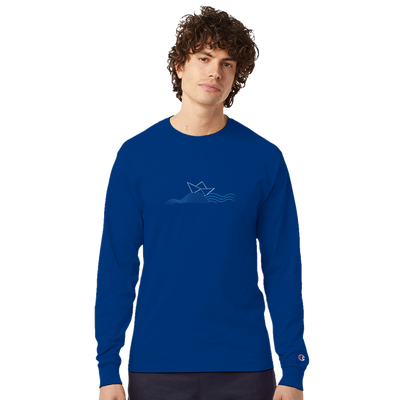 Men's boat-neck long-sleeve shirt, royal blue, with chest boat graphic