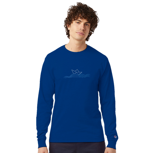 Men's boat-neck long-sleeve shirt, royal blue, with chest boat graphic