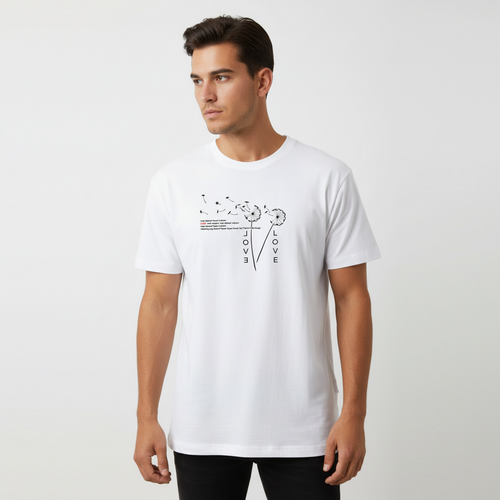 Model wearing white oversized T-shirt with small “LOVE” graphic on chest