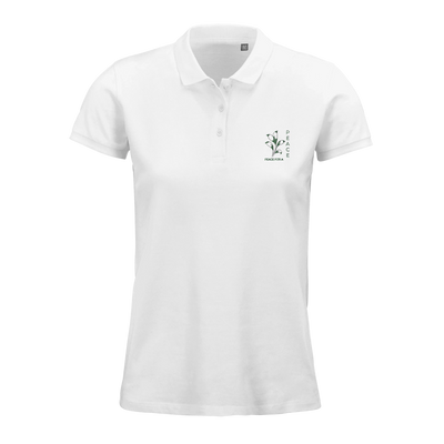 White women's polo shirt with short sleeves, button placket, and chest graphic