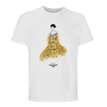 White organic T-shirt with gold portrait graphic on front, crew neck