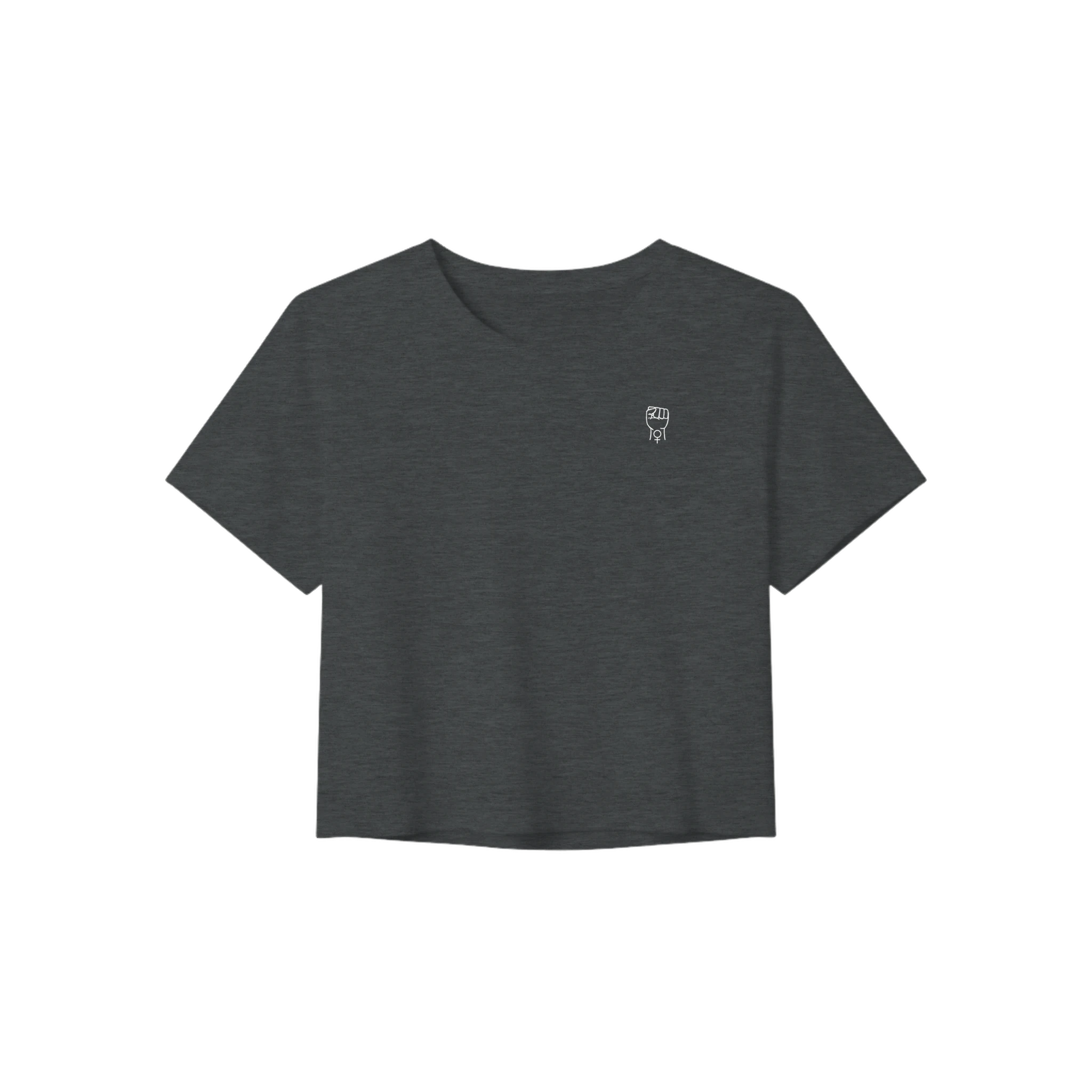 Dark gray heather crop tee with short sleeves and crew neckline, small chest graphic.