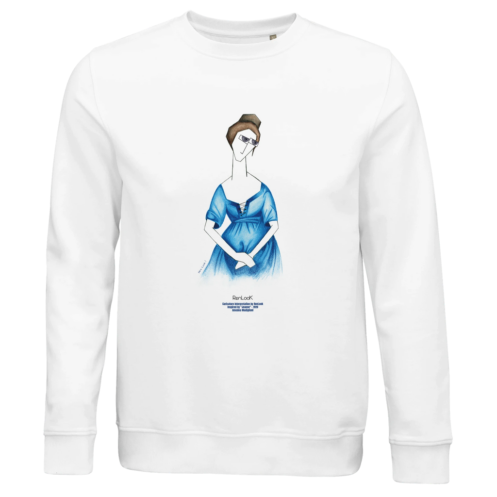 Unisex sweatshirt in white with long sleeves and front graphic portrait print