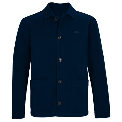 Unisex organic jacket in deep blue, full front view with stand collar and button placket