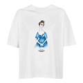 Women’s oversized T-shirt, white, crew neck, blue character graphic front print.