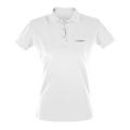 Women's polo shirt, white, front view, short sleeves, button placket, LOVE logo