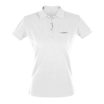 Women's polo shirt, white, front view, short sleeves, button placket, LOVE logo
