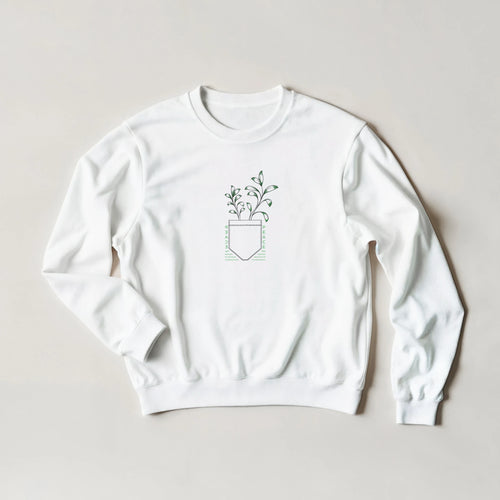 White unisex crewneck sweatshirt with small potted plant outline graphic on chest