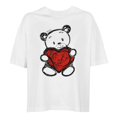 Women’s oversized organic T-shirt, white, bear holding red heart graphic, front