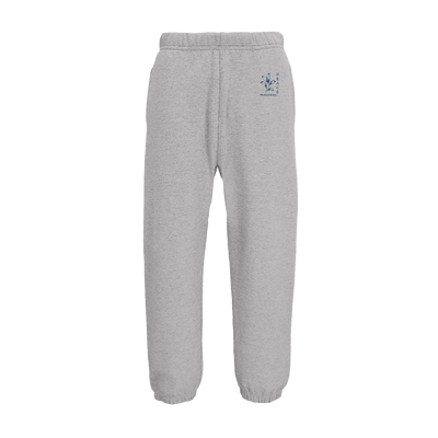 Grey melange unisex jogging pants with elastic waist and cuffed hems, small logo.