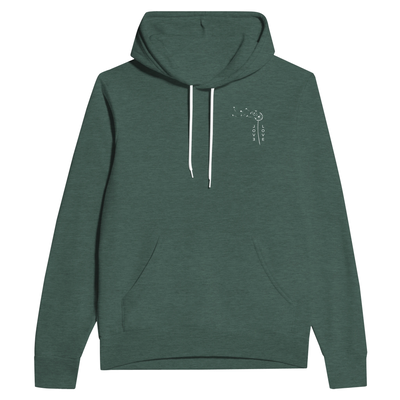 Forest green unisex pullover hoodie with hood, white drawstrings, kangaroo pocket, small chest print
