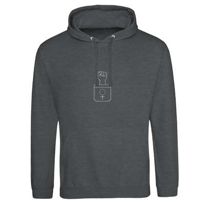 Women’s pullover hoodie, charcoal grey, front pocket and line-art chest graphic