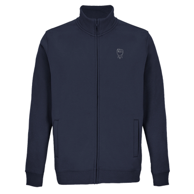 Navy women's zip sweatshirt with stand collar and small chest graphic