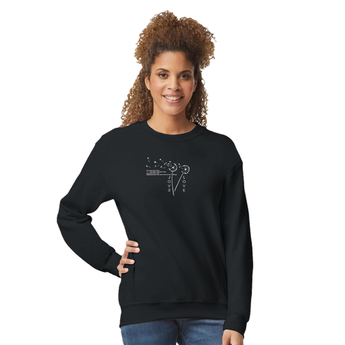 Black unisex crewneck sweatshirt with 'Love' graphic across front