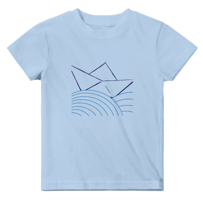 Baby cotton T-shirt, light blue, crew neck, boat and wave graphic on front
