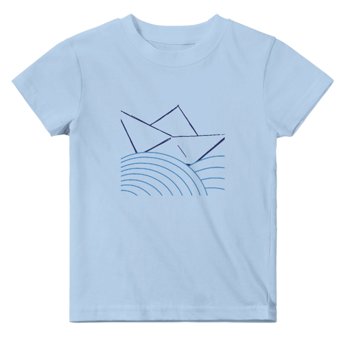 Baby cotton T-shirt, light blue, crew neck, boat and wave graphic on front