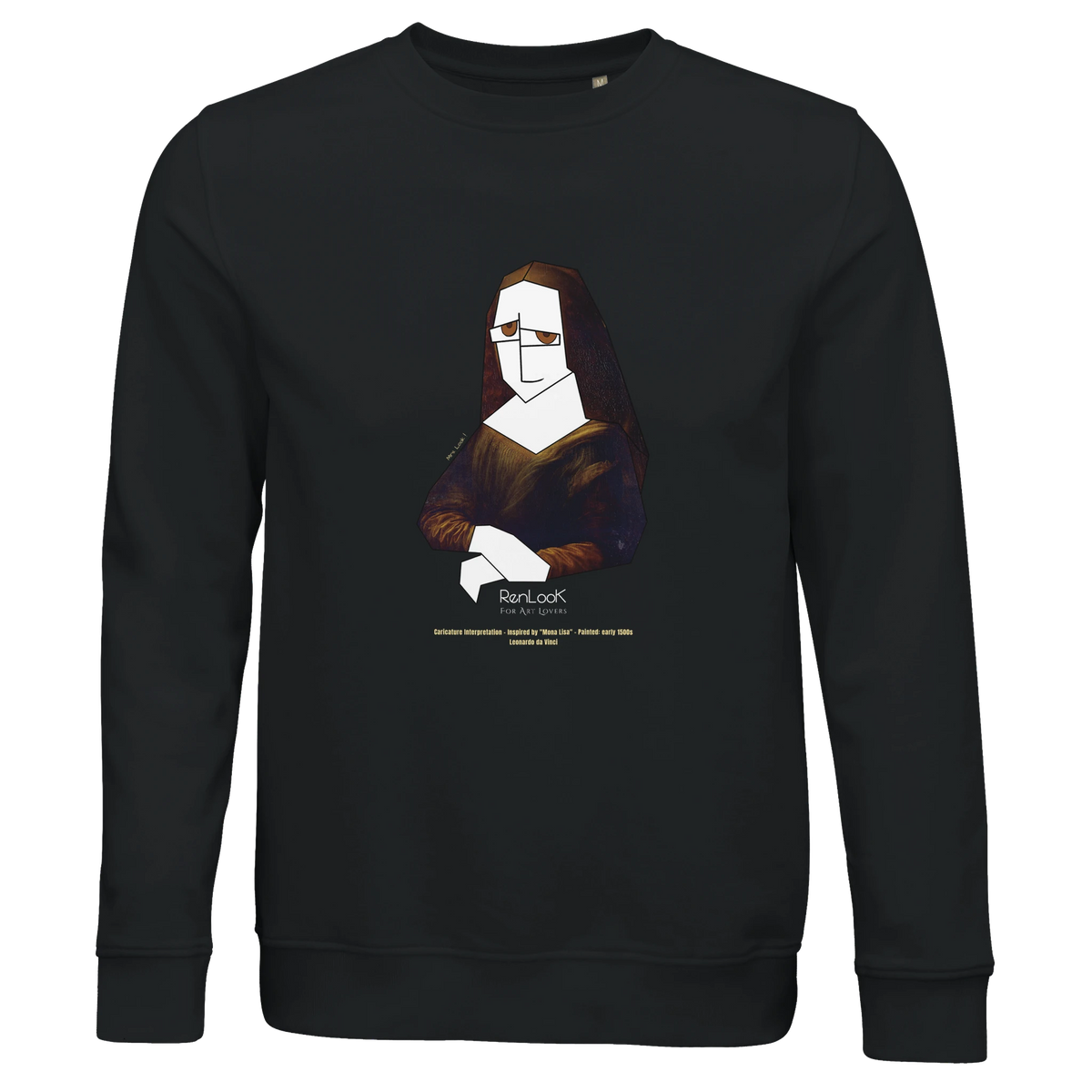 Unisex black sweatshirt with Mona Lisa portrait graphic print at chest
