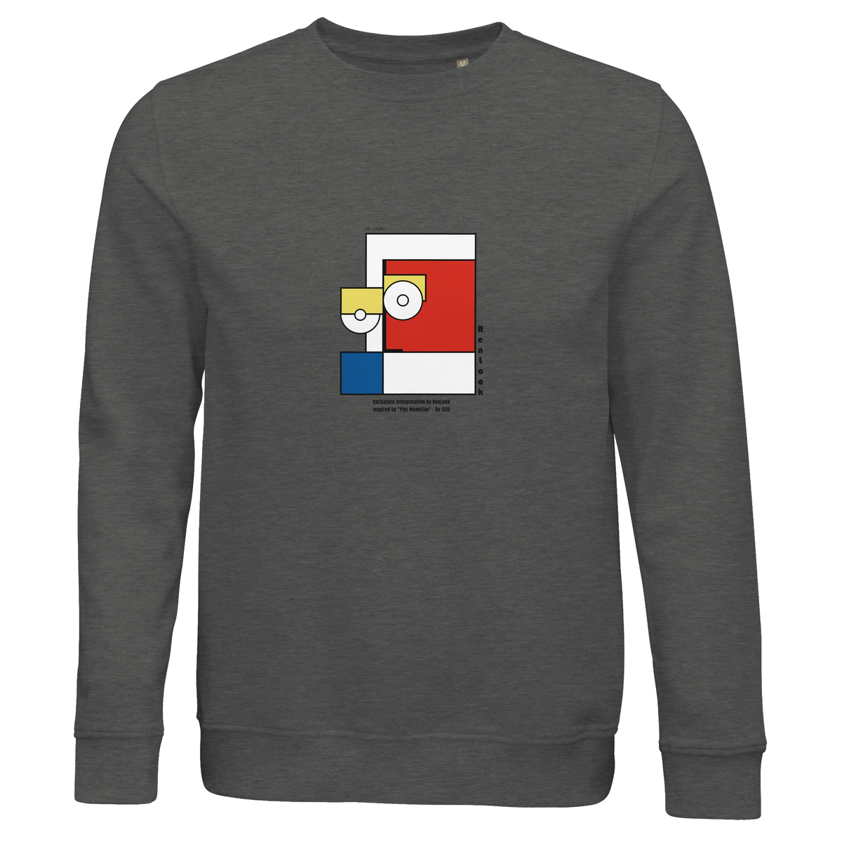 Unisex light gray melange sweatshirt with Piet Mondrian style square graphic on chest