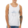 White unisex tank top with boat graphic, scoop neck, sleeveless cut