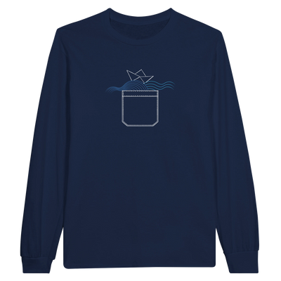 Unisex long sleeve T-shirt in navy with boat gift line art on chest