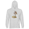 Light gray hoodie with hood and front pocket, Venus-style print on chest.