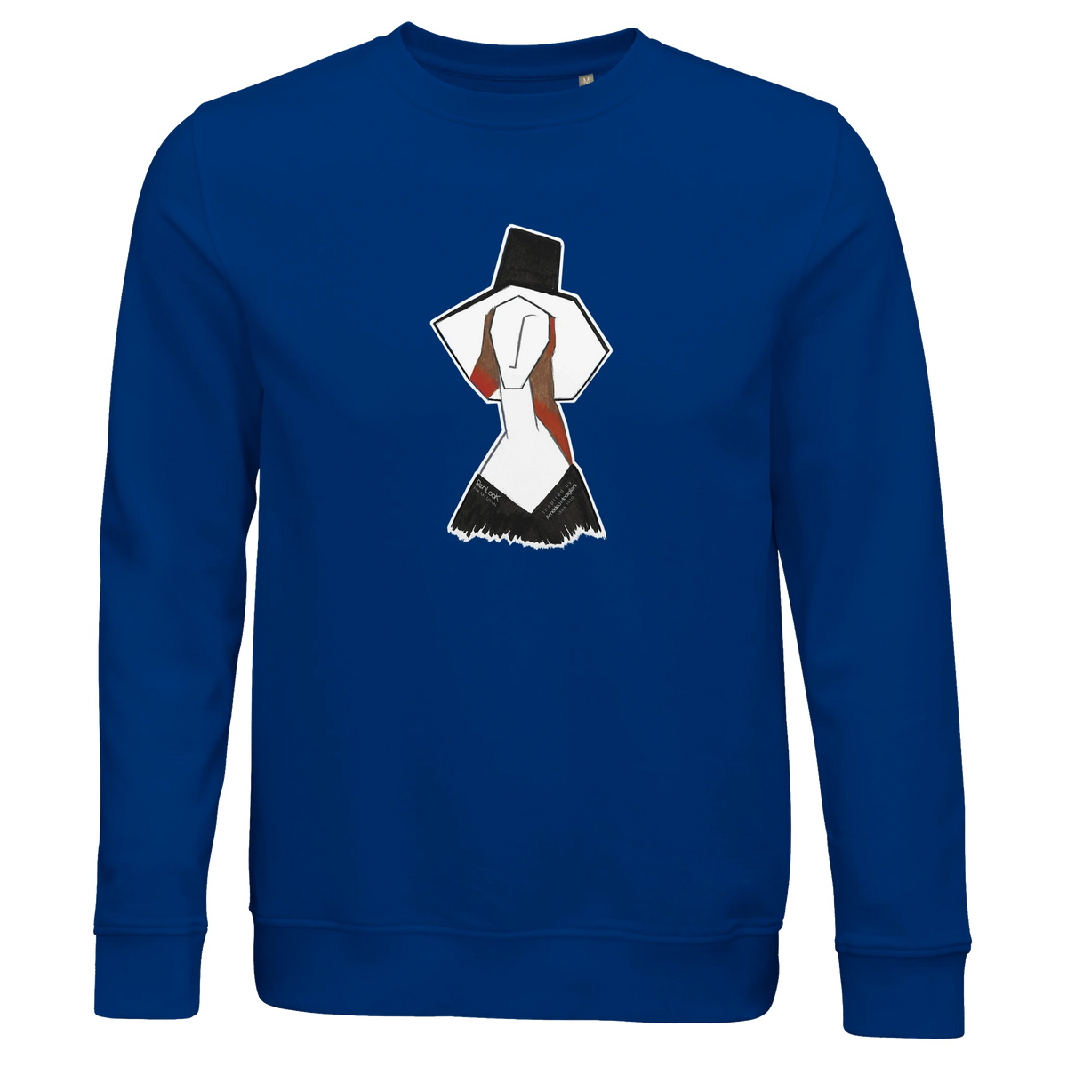 Unisex royal blue sweatshirt with front graphic print, crew neck and long sleeves