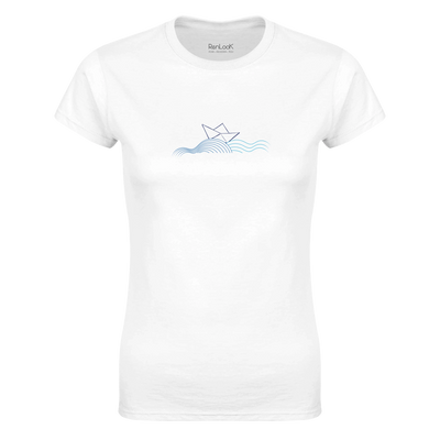 Women's boat graphic T-shirt, white crewneck short sleeve.