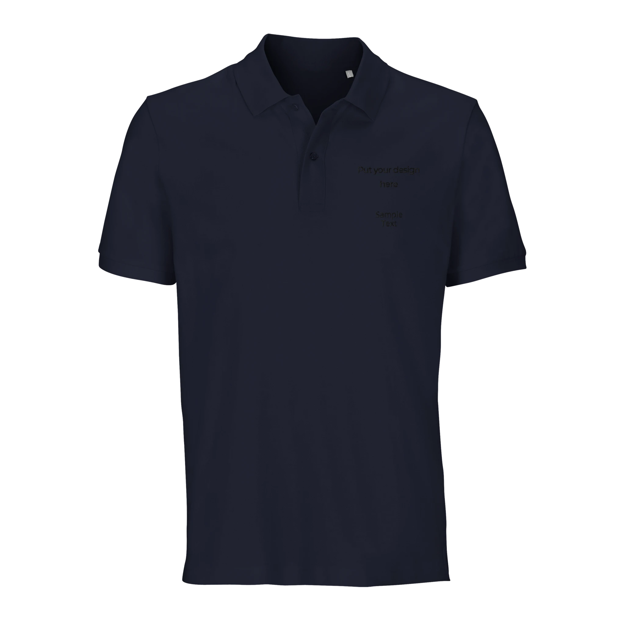 Dark navy unisex organic polo shirt with collar, button placket, and custom design text