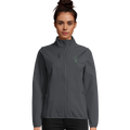 Women’s softshell zip jacket in grey, full front zip with stand collar and chest logo