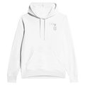 White unisex pullover hoodie with hood, white drawstrings, kangaroo pocket, small chest print