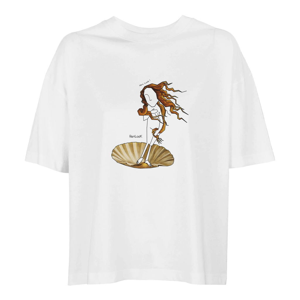 White oversized T-shirt with centered front graphic and short sleeves