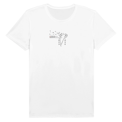 White crew-neck unisex T-shirt with small 'LOVE' heart graphic on chest