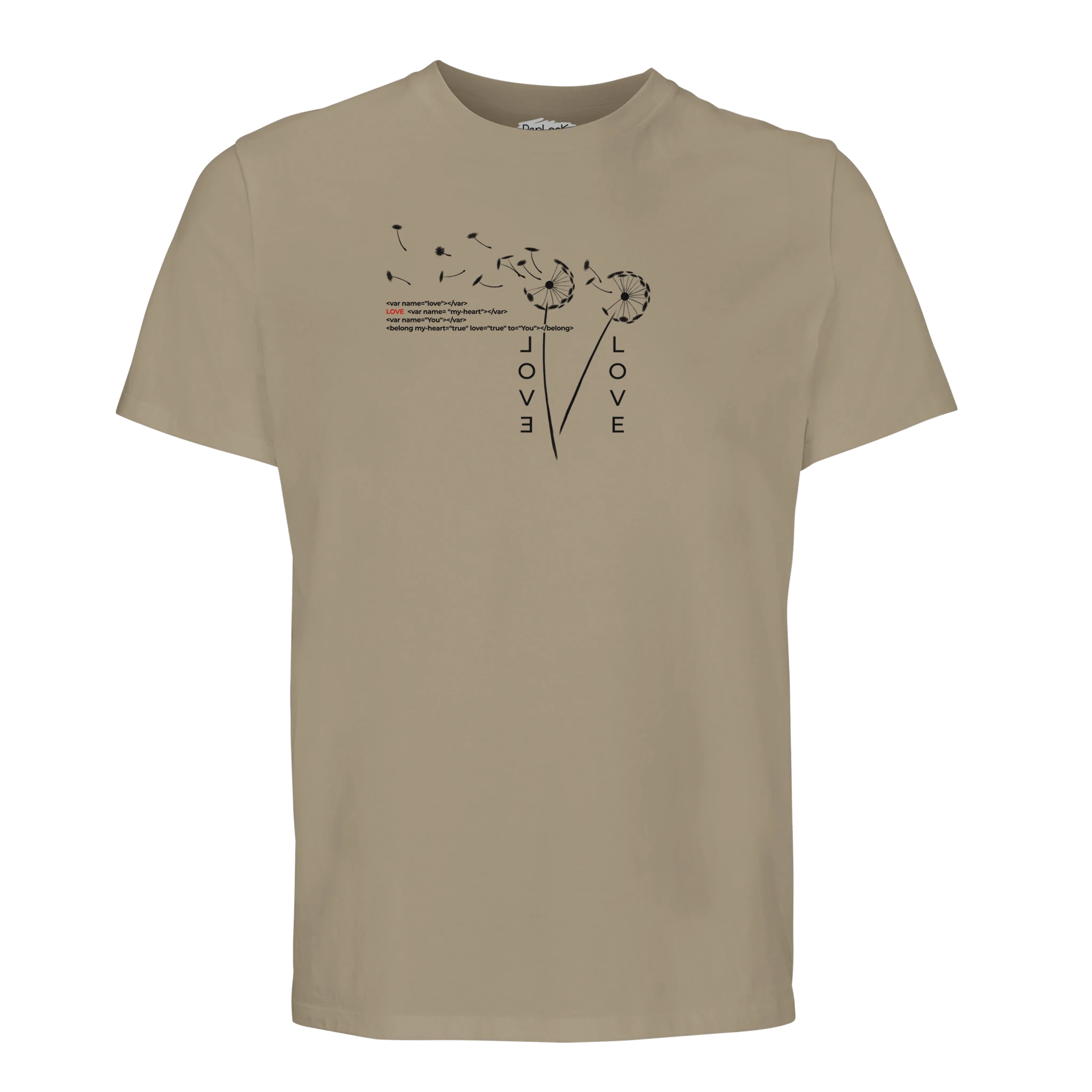 Beige crew-neck organic T-shirt with small Love graphic print on chest