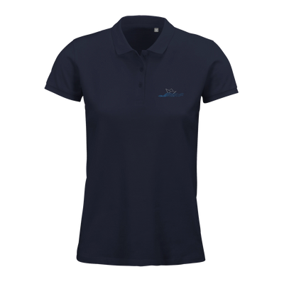 Women's feminine cut polo shirt, navy, short sleeves, button placket, chest logo.