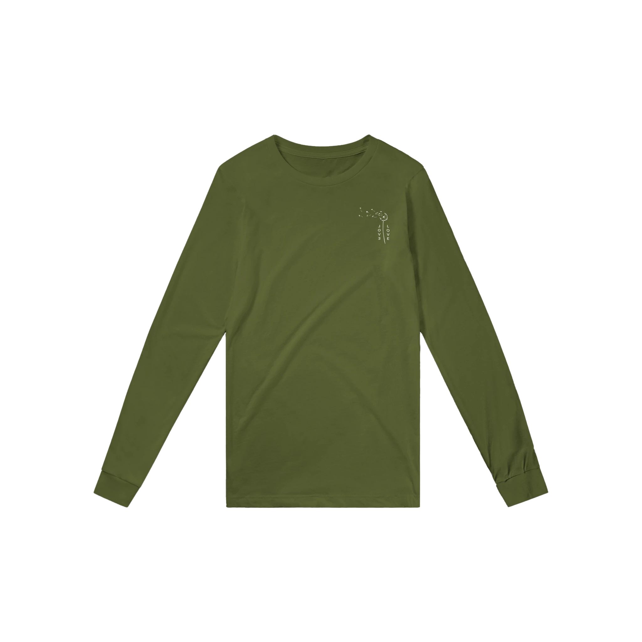 Olive unisex long-sleeve shirt with small chest graphic, crew neck
