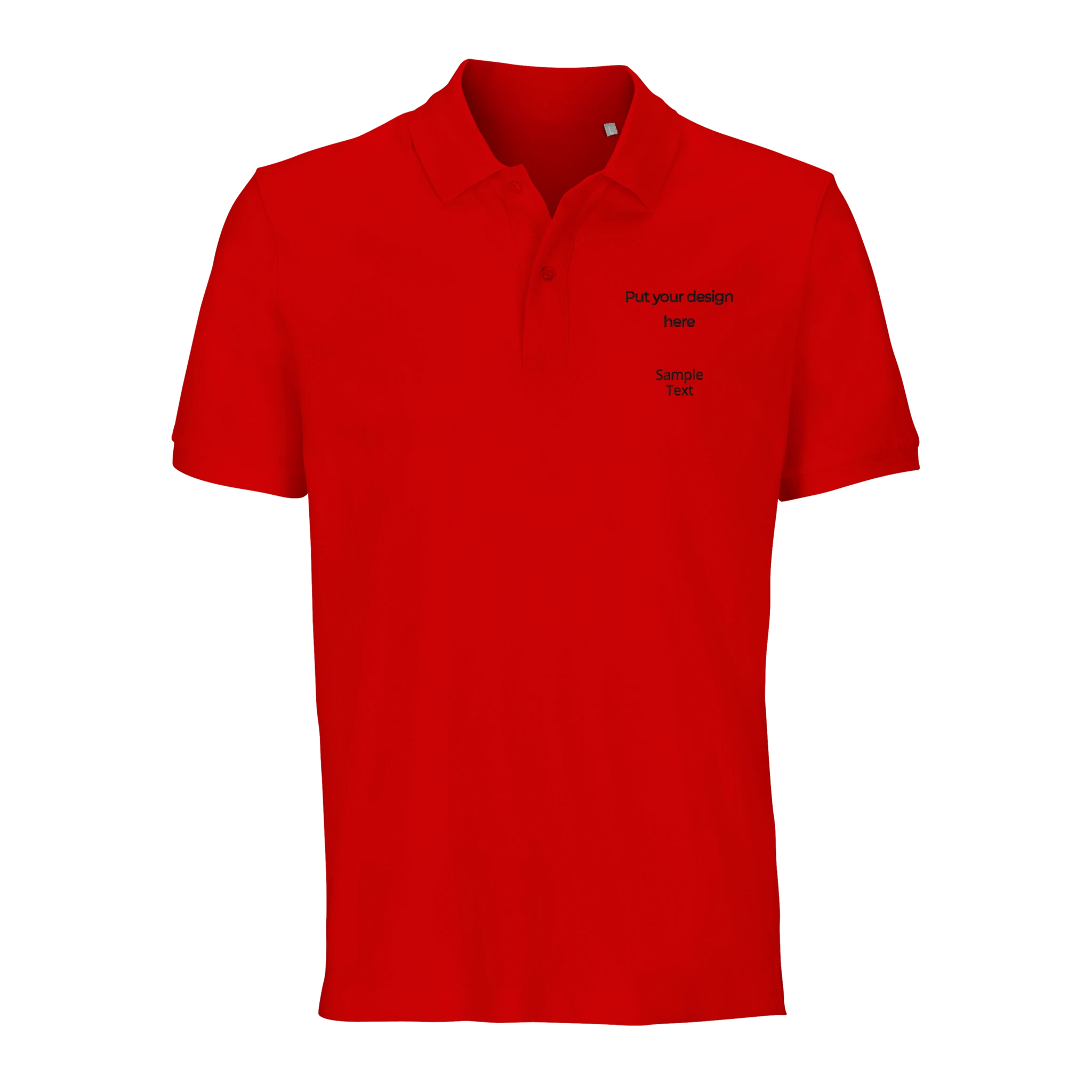 Red unisex organic polo shirt with collar, button placket, and custom design text