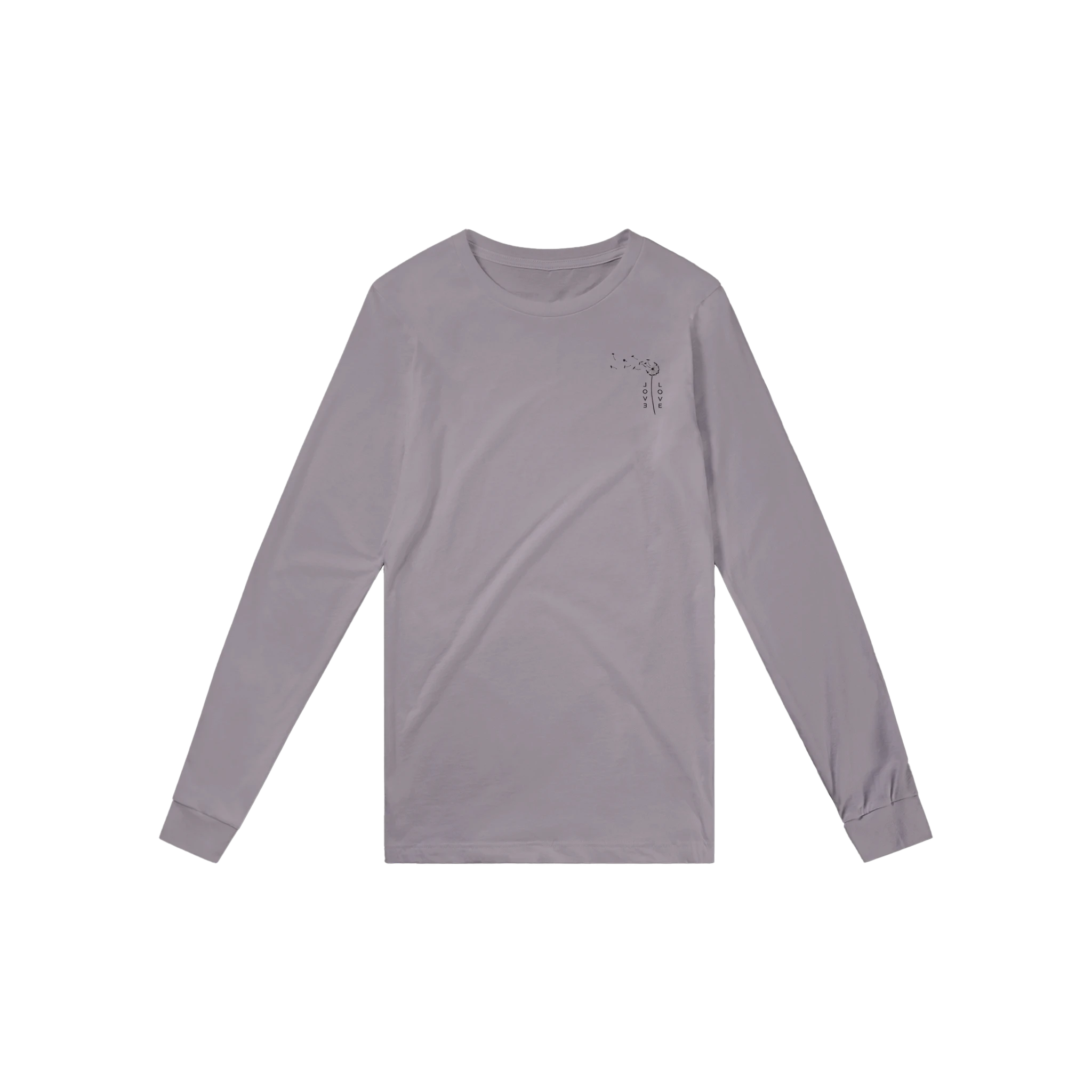 Light lavender unisex long-sleeve shirt with small chest graphic, crew neck