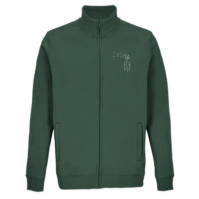 Unisex bottle green zip-front sweatshirt with ribbed stand collar and small chest logo