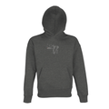 Grey melange unisex oversized hoodie with hood and front pouch; chest Love logo.
