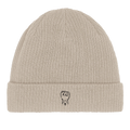 Sand ribbed knit organic cotton beanie with folded cuff and feminist icon